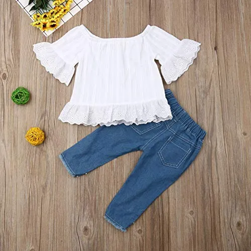 Toddler Kids Clothing Baby Girls Vest Tank Top Ripped Denim Shorts Skirts Outfits Clothes Set (1-2 Years, White)