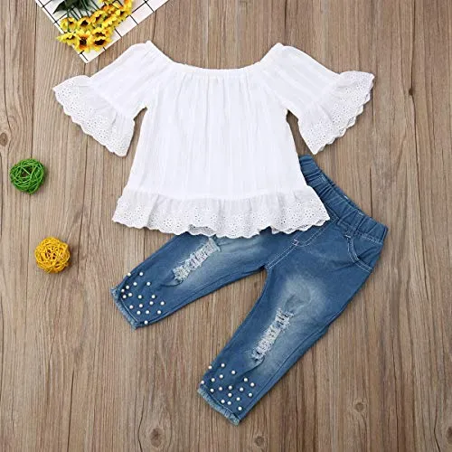 Toddler Kids Clothing Baby Girls Vest Tank Top Ripped Denim Shorts Skirts Outfits Clothes Set (1-2 Years, White)