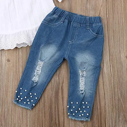 Toddler Kids Clothing Baby Girls Vest Tank Top Ripped Denim Shorts Skirts Outfits Clothes Set (1-2 Years, White)