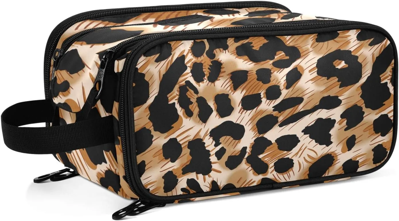 Toiletry Bag Travel Bag with Handle Strap Brown Leopard Print Water-Resistant Makeup Cosmetic Bag Travel Organizer, Large Capacity Cosmetic Bag for Accessories Shampoo Toiletries