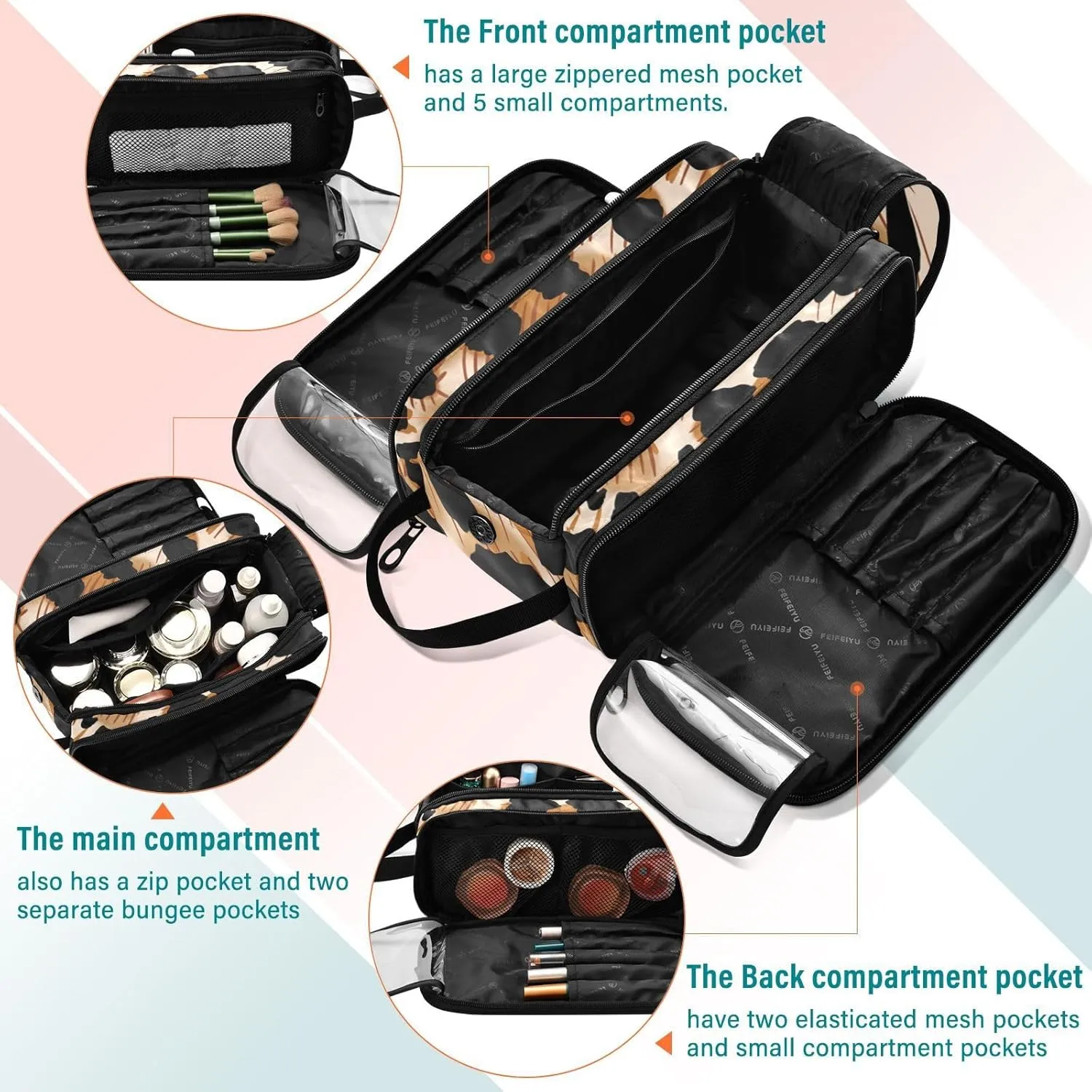 Toiletry Bag Travel Bag with Handle Strap Brown Leopard Print Water-Resistant Makeup Cosmetic Bag Travel Organizer, Large Capacity Cosmetic Bag for Accessories Shampoo Toiletries
