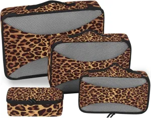 Travel Packing Cubes 4 Set Leopard Animal Skin Print, Carry on Luggage Organizer Bags Mesh, Storage Pouch Accessories for Suitcase Backpacks