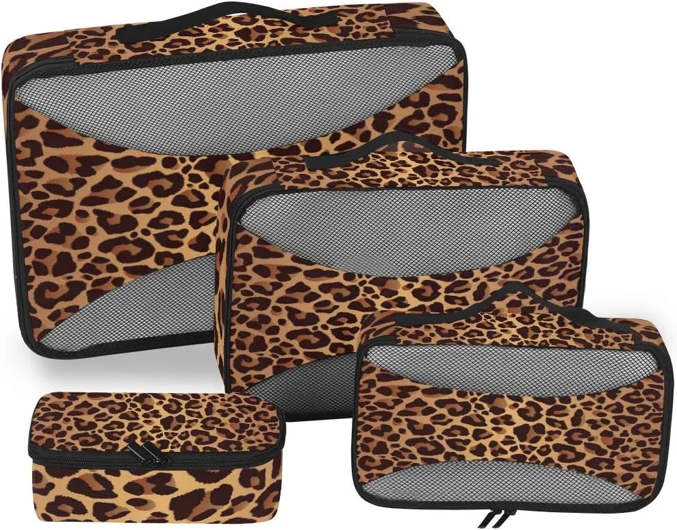 Travel Packing Cubes 4 Set Leopard Animal Skin Print, Carry on Luggage Organizer Bags Mesh, Storage Pouch Accessories for Suitcase Backpacks