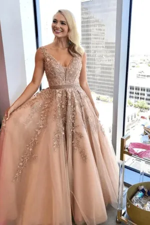 Tulle A-line Beaded Prom Dresses With Lace Appliques, Formal Dresses, SP881
