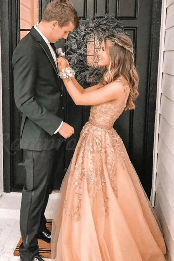 Tulle A-line Beaded Prom Dresses With Lace Appliques, Formal Dresses, SP881