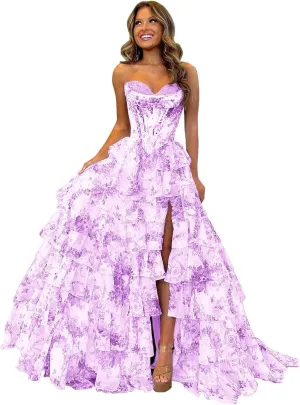 Tulle Floral Print Prom Dress Long Slit Corset Tiered Formal Dress Strapless Sweetheart Evening Gown with Pockets