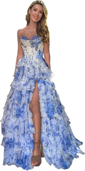 Tulle Floral Print Prom Dress Long Slit Corset Tiered Formal Dress Strapless Sweetheart Evening Gown with Pockets