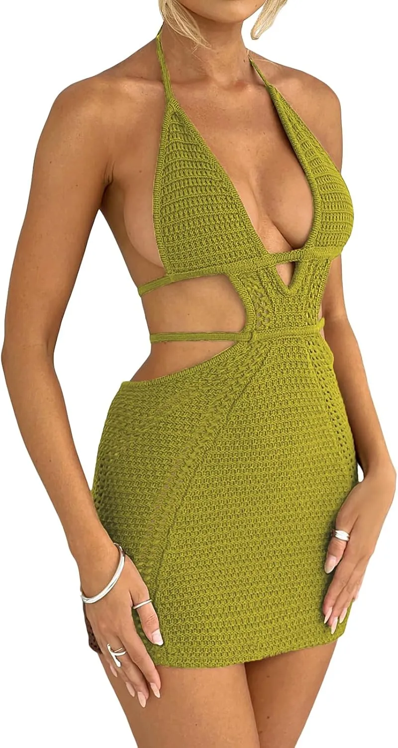 UAURORAO Women Crochet Beach Dress Halter Neck Spaghetti Strap Bodycon Boho Sundress Backless Cut Out Knit Pencil Dress