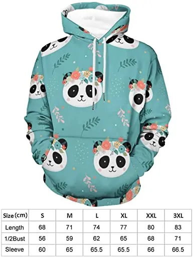 Unisex 3D Cute Panda Heads With Flower Crown Hoodie Pullover Long Sleeve Hooded Sweatshirts with Big Pockets