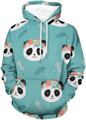 Unisex 3D Cute Panda Heads With Flower Crown Hoodie Pullover Long Sleeve Hooded Sweatshirts with Big Pockets
