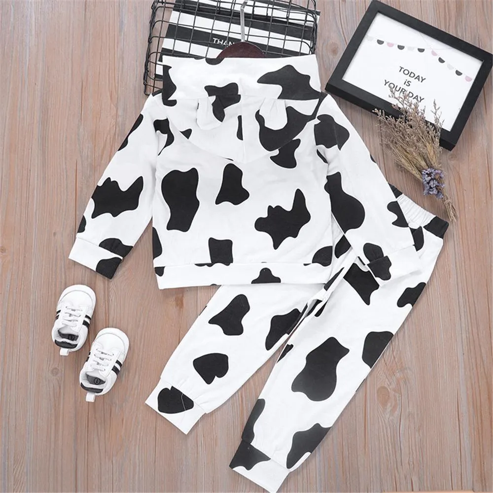 Unisex Hooded Long Sleeve Black-white T-shirt & Pants Pajamas Suit Children Clothes Wholesale