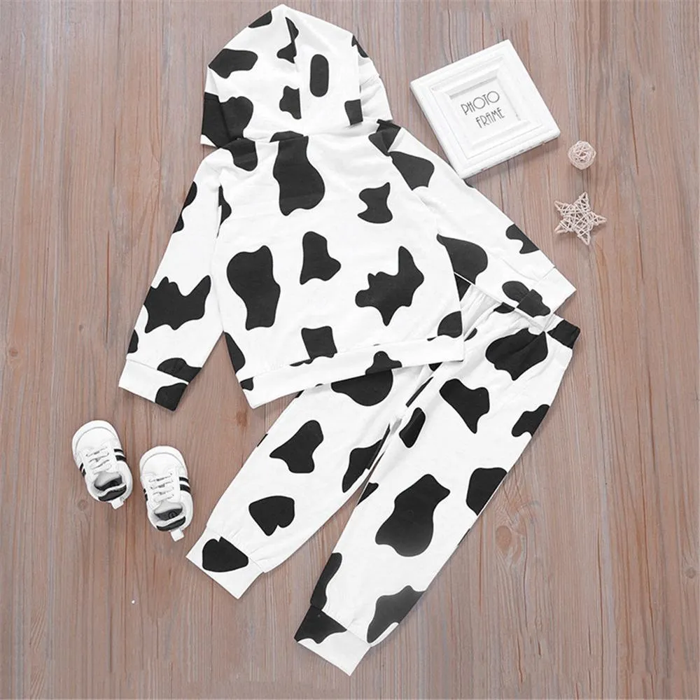 Unisex Hooded Long Sleeve Black-white T-shirt & Pants Pajamas Suit Children Clothes Wholesale
