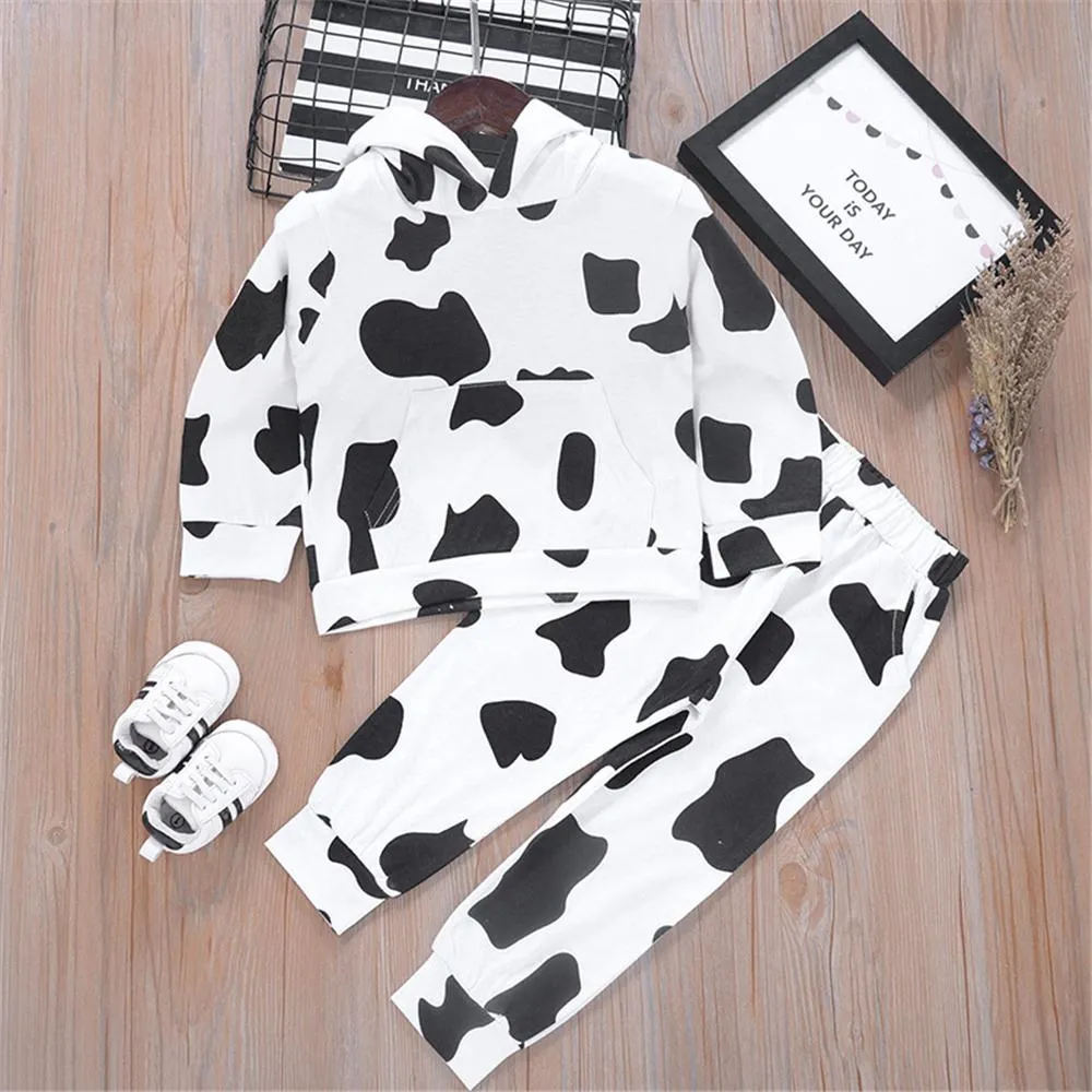 Unisex Hooded Long Sleeve Black-white T-shirt & Pants Pajamas Suit Children Clothes Wholesale
