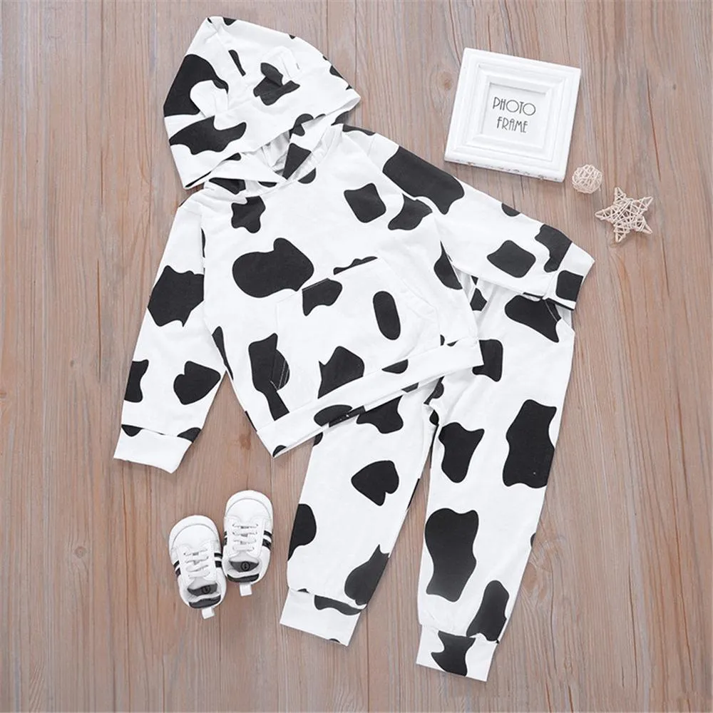 Unisex Hooded Long Sleeve Black-white T-shirt & Pants Pajamas Suit Children Clothes Wholesale