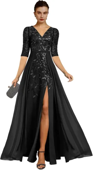 V Neck Mother of The Bride Dresses for Wedding A Line Long Formal Evening Dress with Sleeves