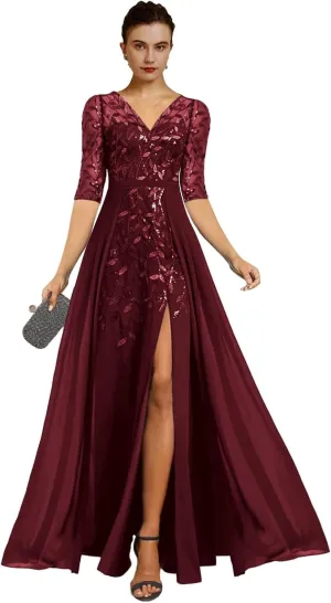 V Neck Mother of The Bride Dresses for Wedding A Line Long Formal Evening Dress with Sleeves