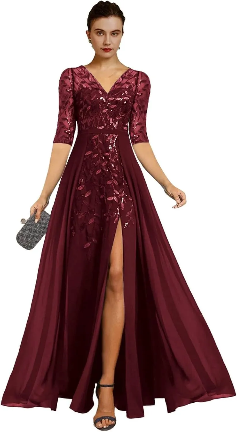 V Neck Mother of The Bride Dresses for Wedding A Line Long Formal Evening Dress with Sleeves