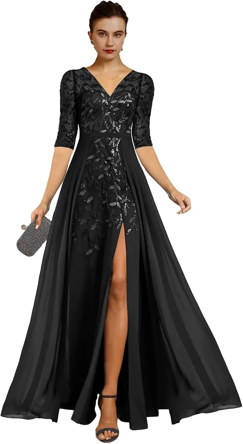 V Neck Mother of The Bride Dresses for Wedding A Line Long Formal Evening Dress with Sleeves