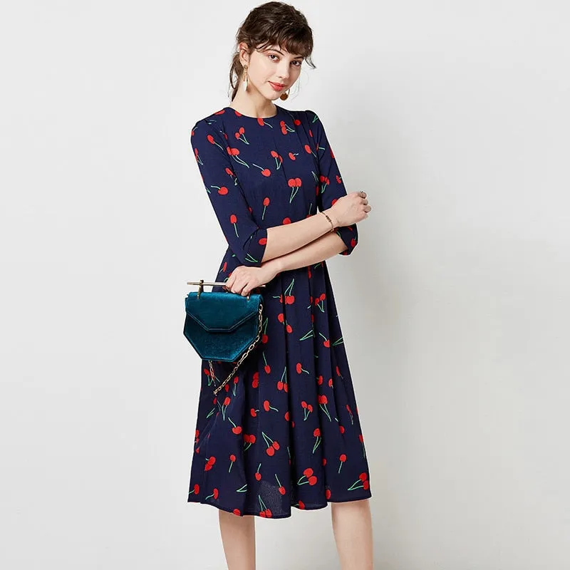 Vintage O Neck Casual A Line Cherry Print Dresses