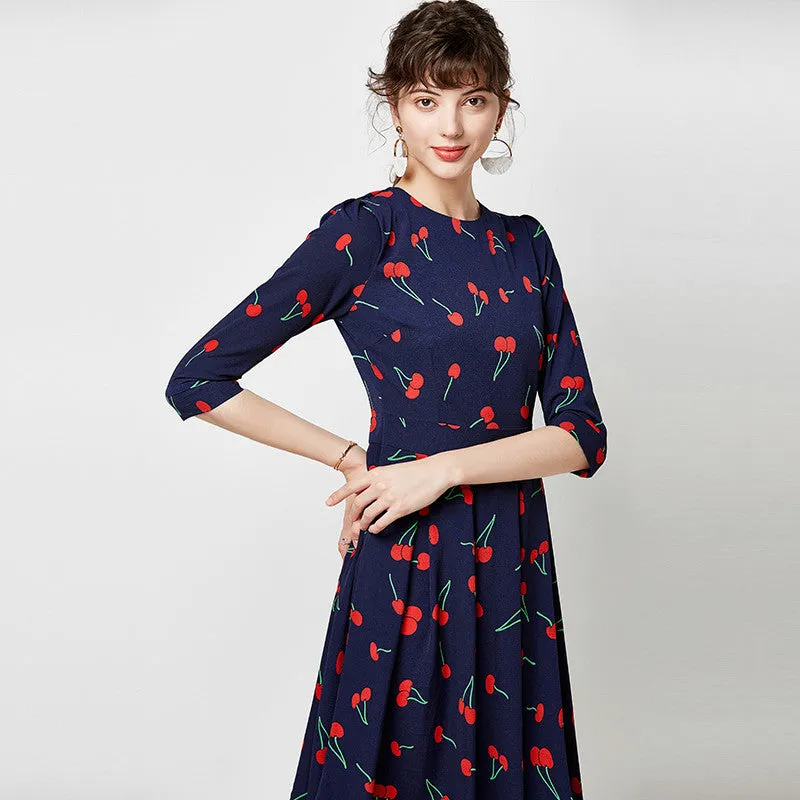Vintage O Neck Casual A Line Cherry Print Dresses