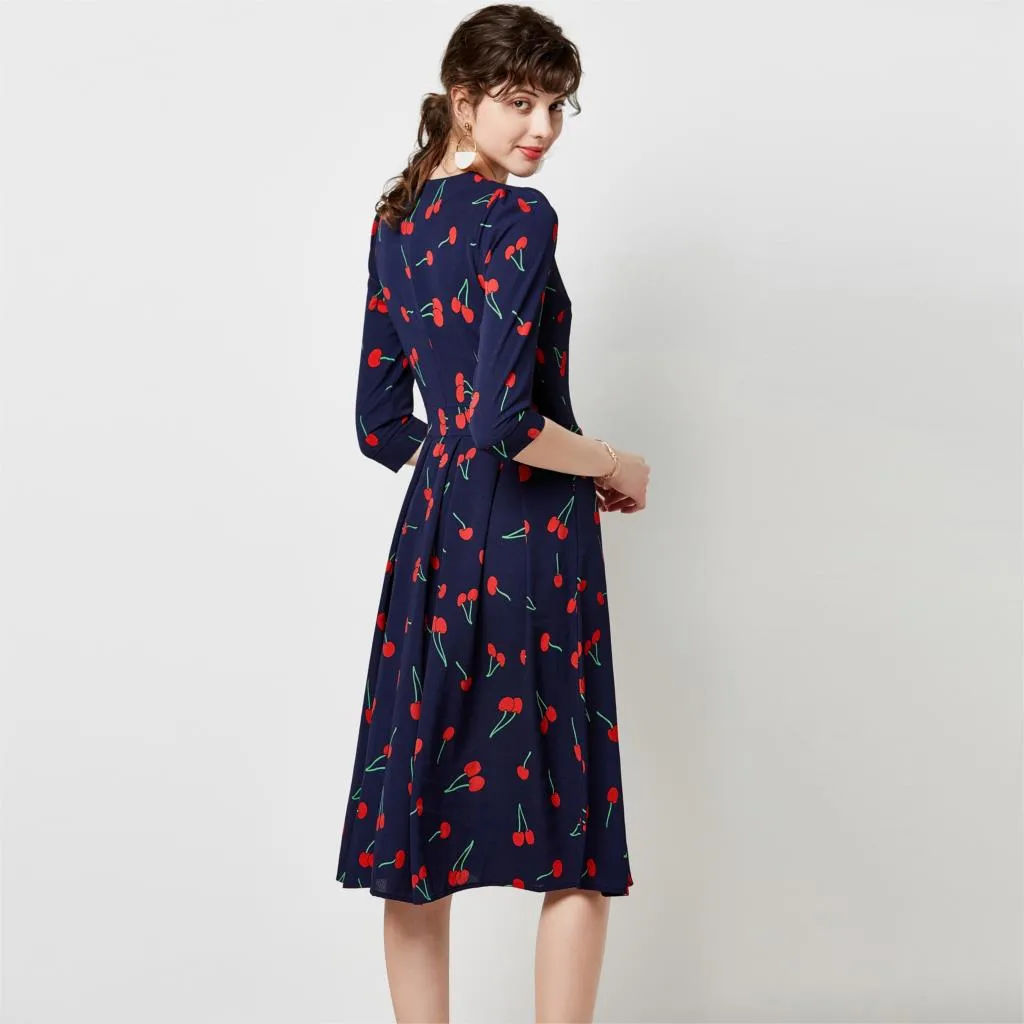 Vintage O Neck Casual A Line Cherry Print Dresses