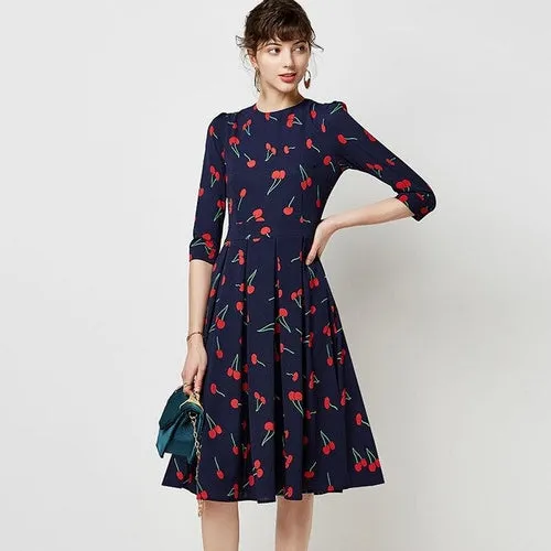 Vintage O Neck Casual A Line Cherry Print Dresses