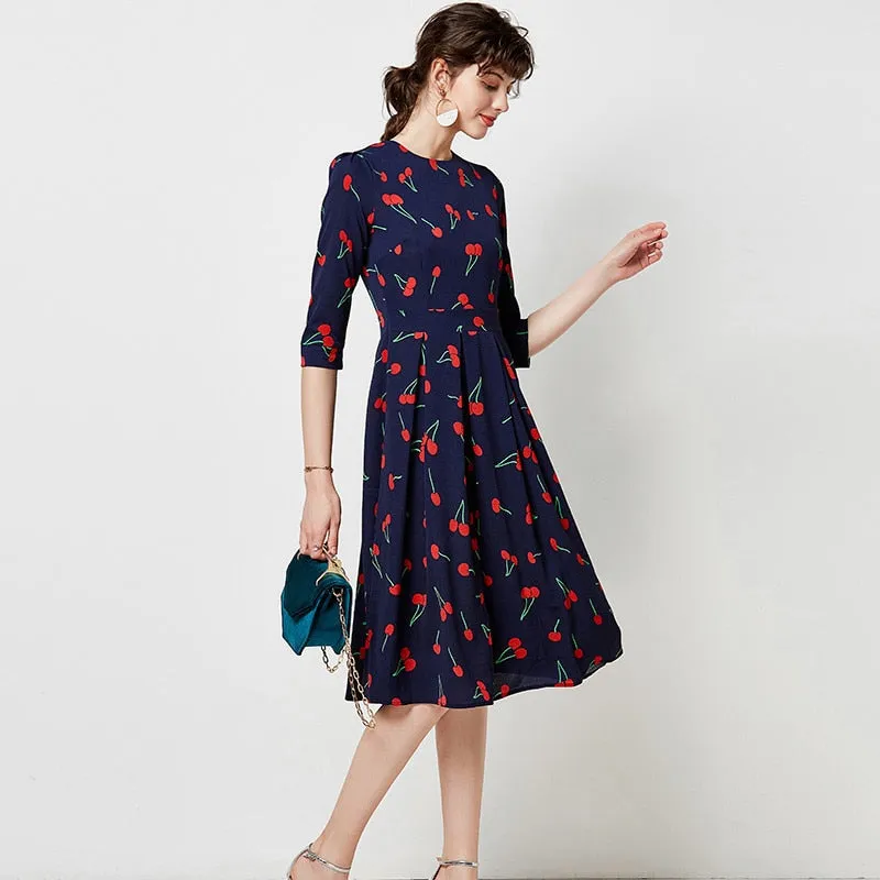 Vintage O Neck Casual A Line Cherry Print Dresses