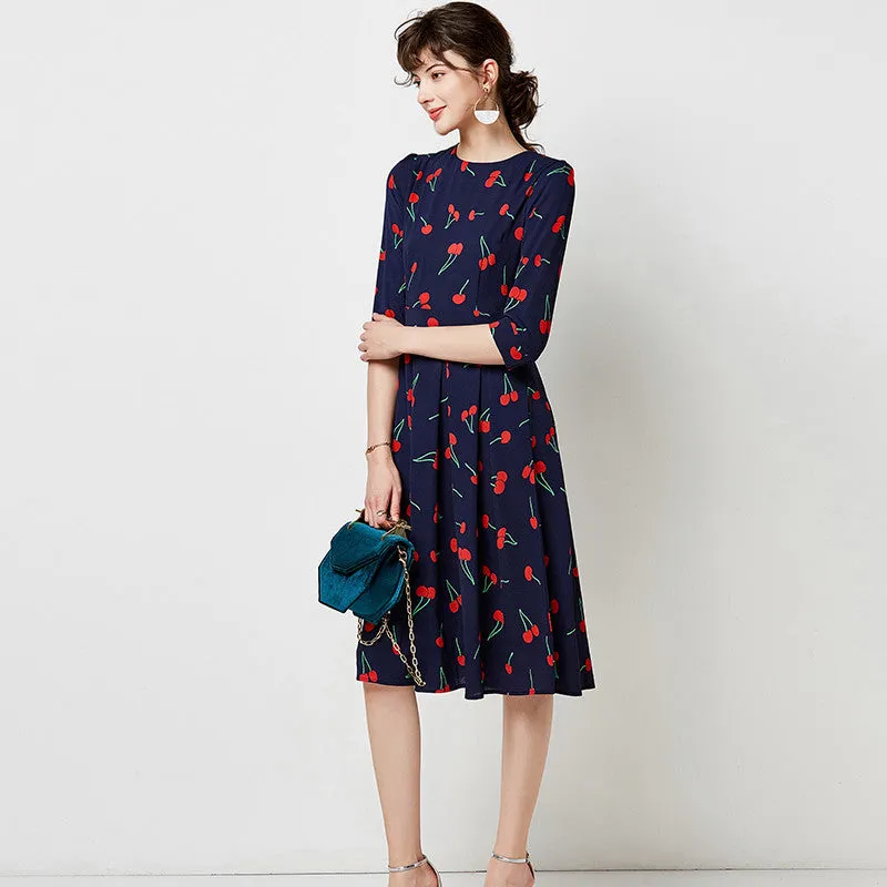 Vintage O Neck Casual A Line Cherry Print Dresses