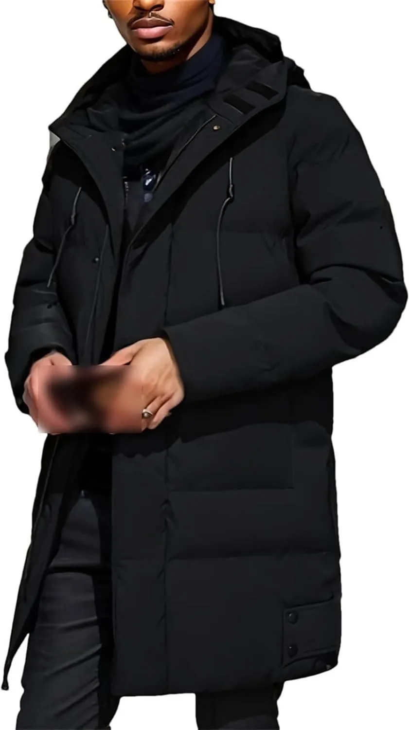 Warm Hooded Mid-Length Jacket Mens Casual Zip Up Cotton Padded Jacket Overcoat Autumn Winter Windbreaker Coats