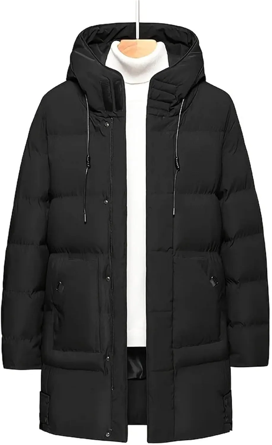 Warm Hooded Mid-Length Jacket Mens Casual Zip Up Cotton Padded Jacket Overcoat Autumn Winter Windbreaker Coats