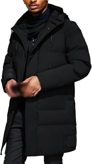 Warm Hooded Mid-Length Jacket Mens Casual Zip Up Cotton Padded Jacket Overcoat Autumn Winter Windbreaker Coats