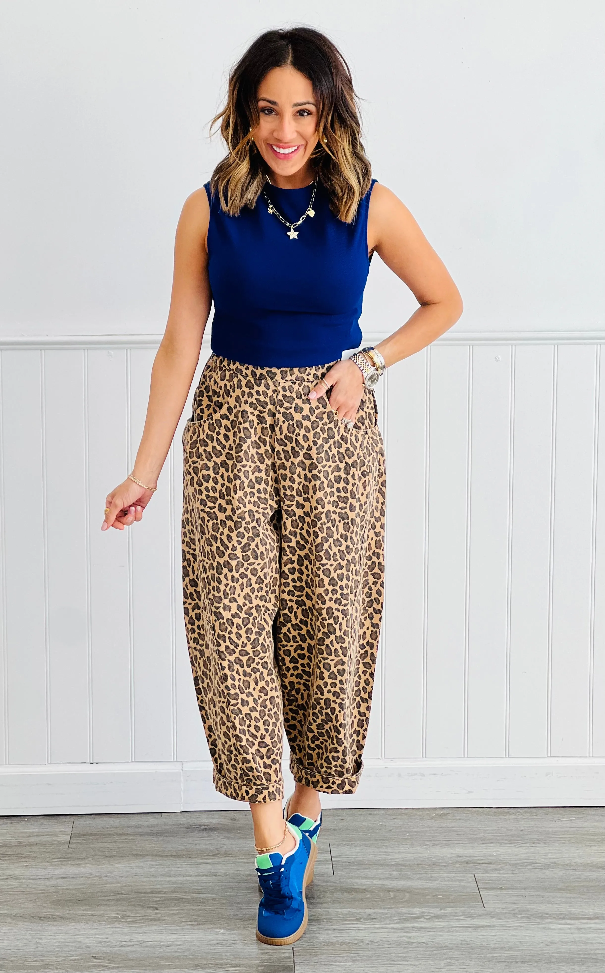 Washed Leopard Denim Barrel Pants (Reg.)