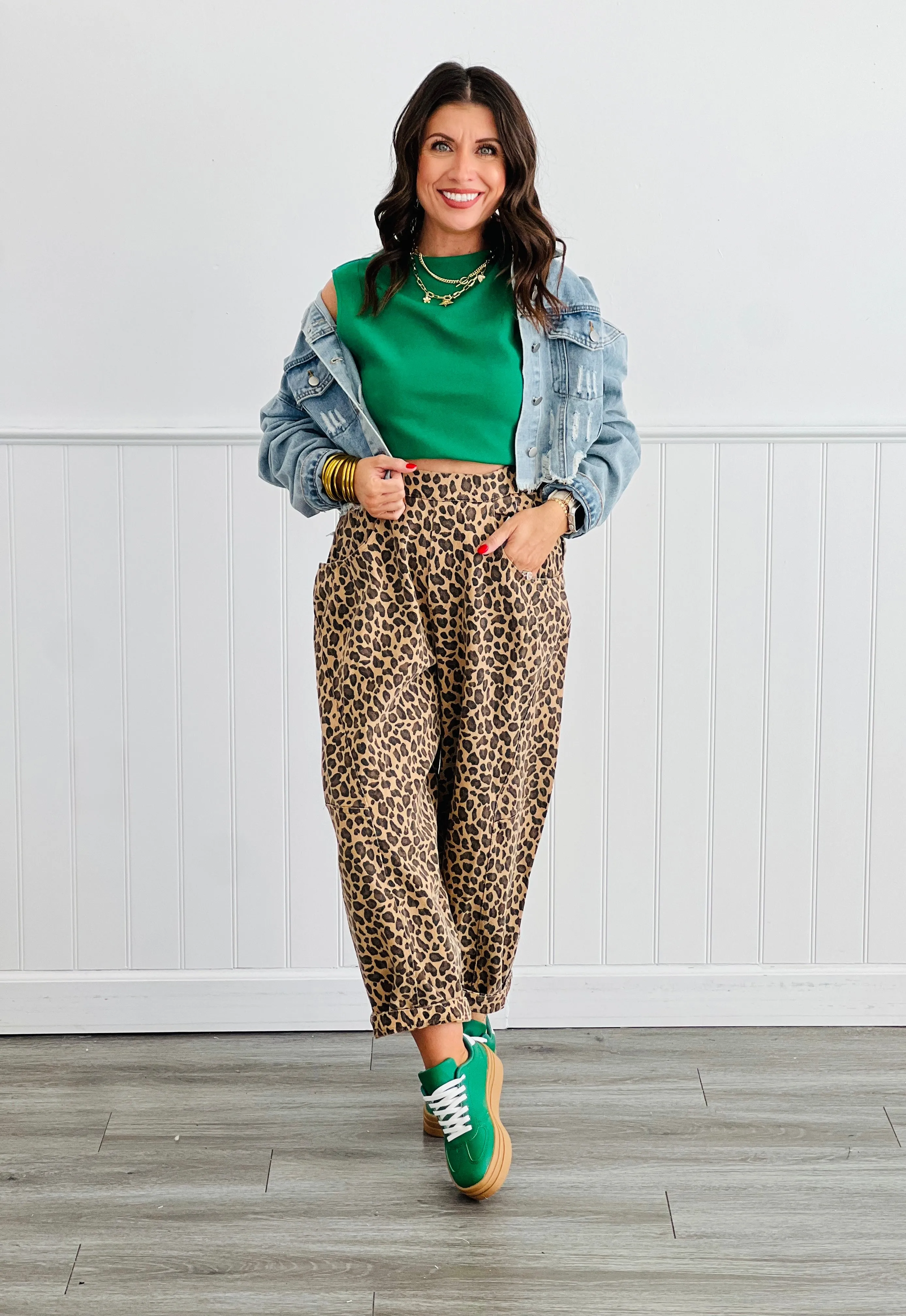 Washed Leopard Denim Barrel Pants (Reg.)