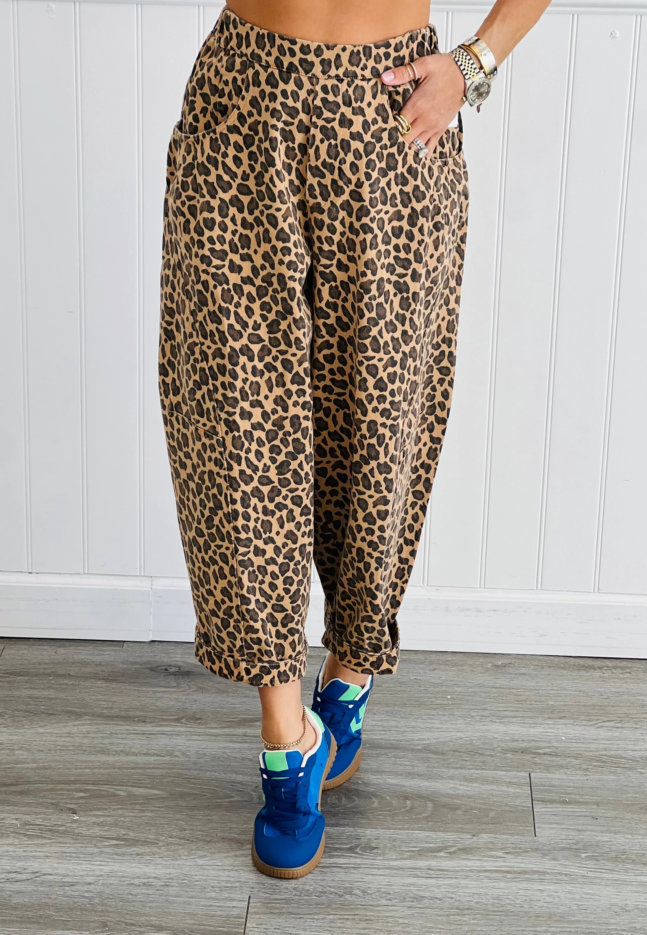 Washed Leopard Denim Barrel Pants (Reg.)