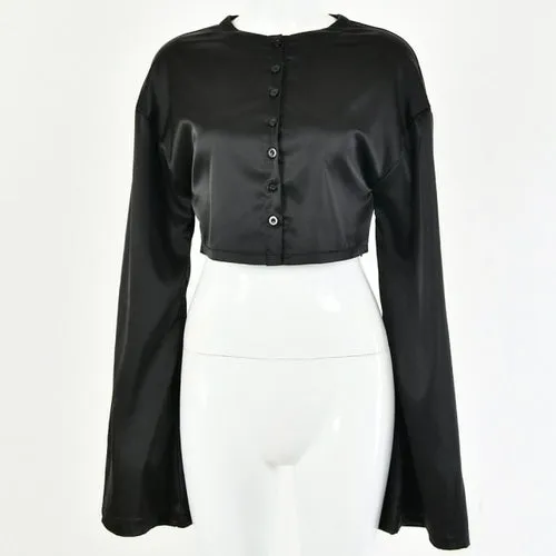 White Elegant Satin 2 Two Piece Set Women Lantern Long Sleeves Crop