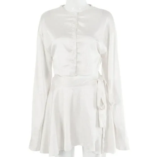 White Elegant Satin 2 Two Piece Set Women Lantern Long Sleeves Crop