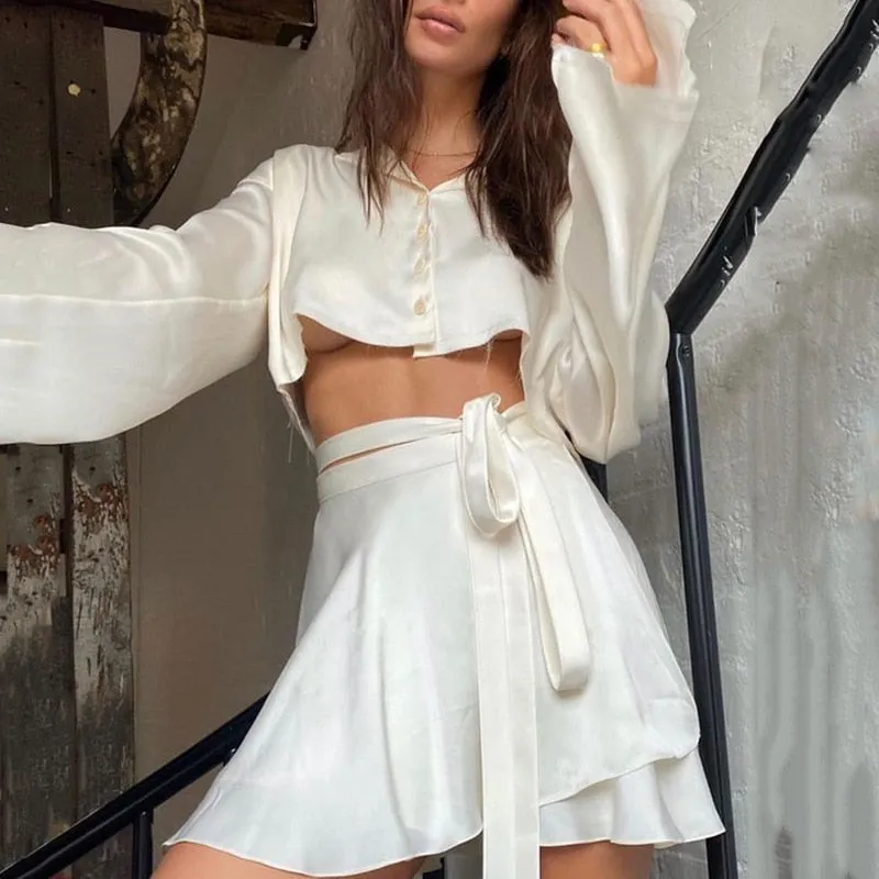 White Elegant Satin 2 Two Piece Set Women Lantern Long Sleeves Crop