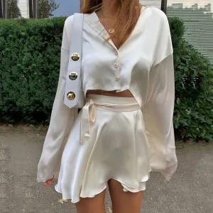 White Elegant Satin 2 Two Piece Set Women Lantern Long Sleeves Crop