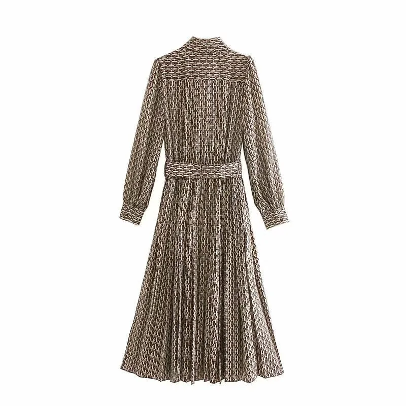 Women Elegant Long Dress With Belt Chain Print Bow