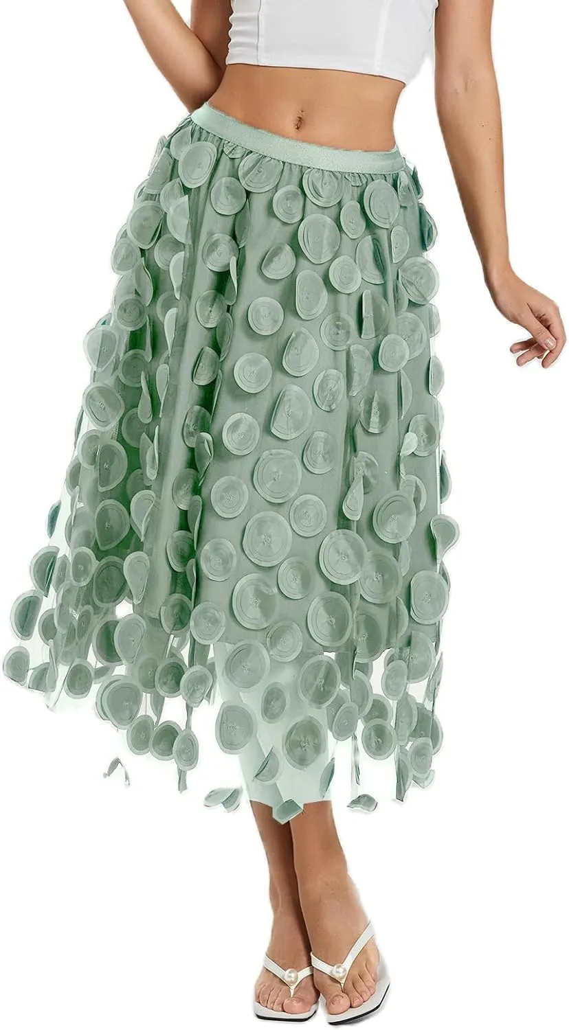 Women Fairy Tulle Midi Skirt High Waist Pleated Mesh Skirt Wedding Party Club Beach Long Tulle Tutu Skirts