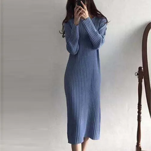 Women Knitted Long Dress Elegant Ladies O neck