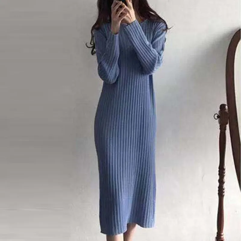 Women Knitted Long Dress Elegant Ladies O neck