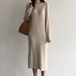 Women Knitted Long Dress Elegant Ladies O neck