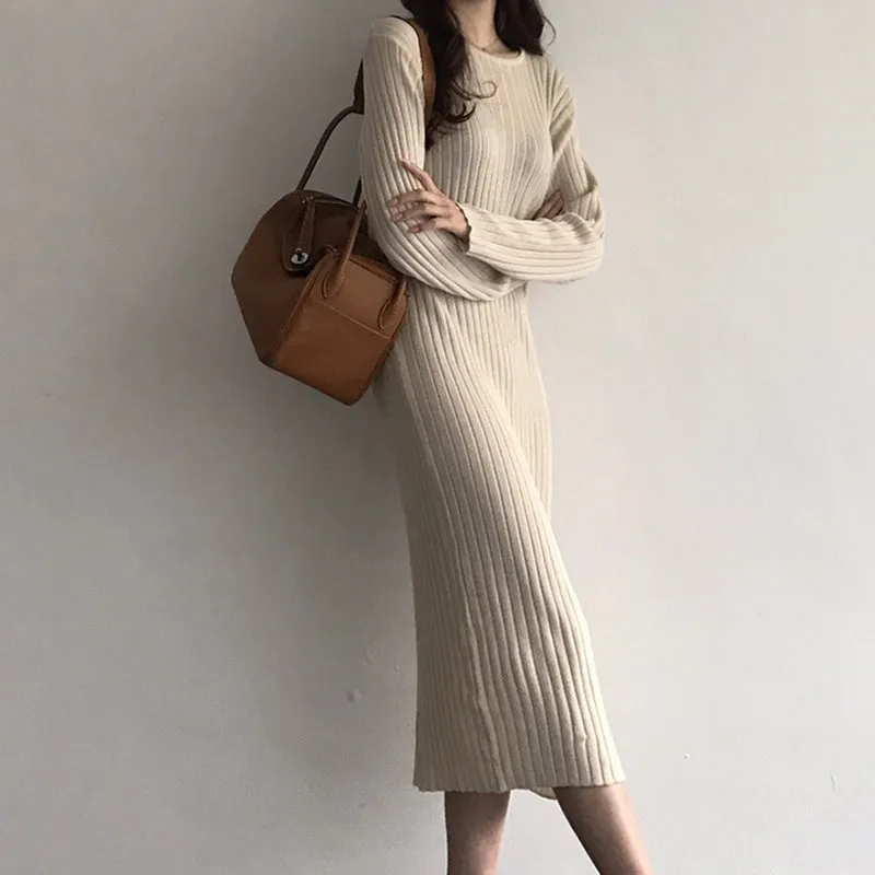Women Knitted Long Dress Elegant Ladies O neck