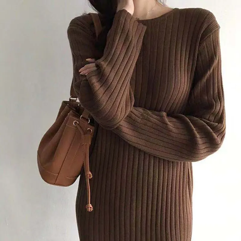 Women Knitted Long Dress Elegant Ladies O neck