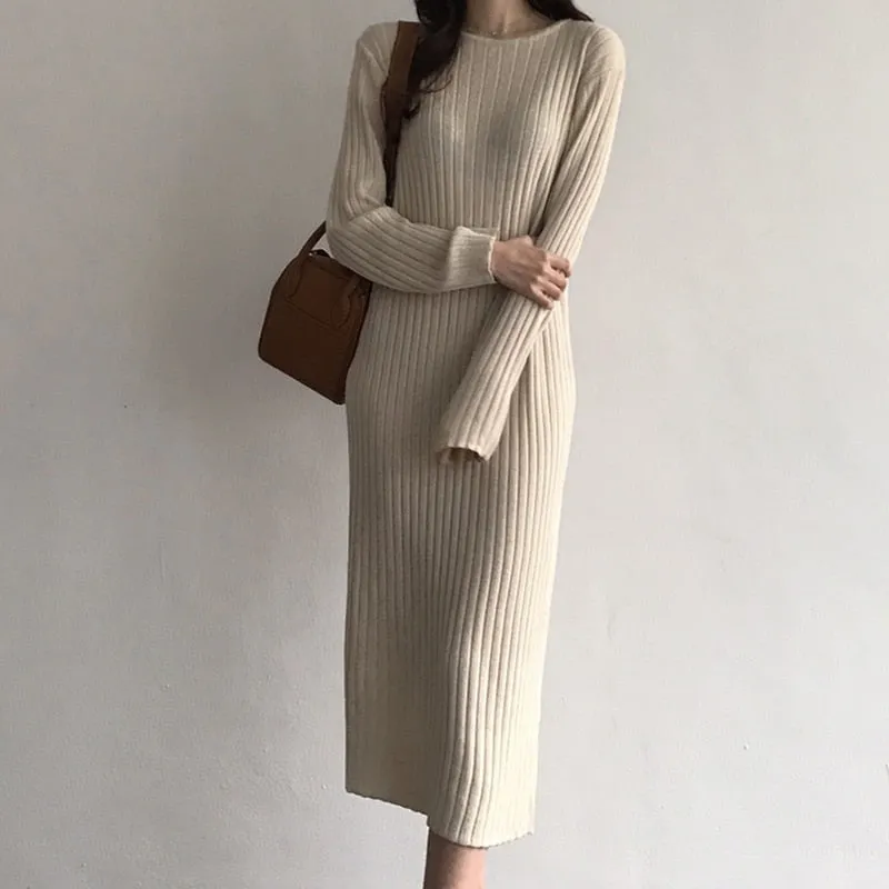 Women Knitted Long Dress Elegant Ladies O neck