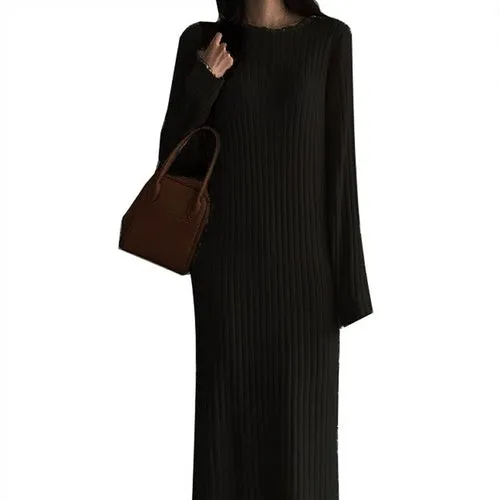 Women Knitted Long Dress Elegant Ladies O neck