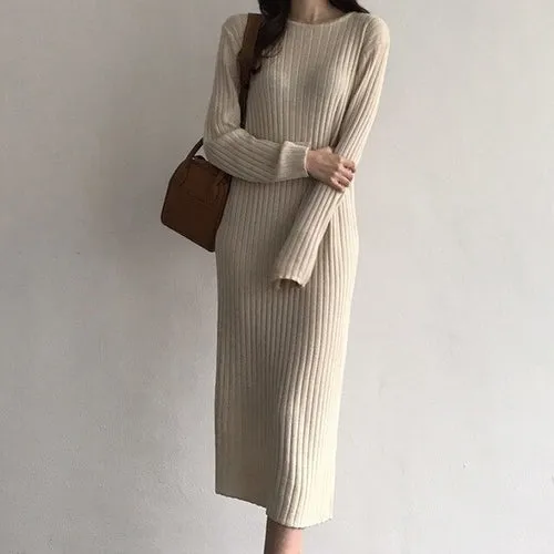 Women Knitted Long Dress Elegant Ladies O neck
