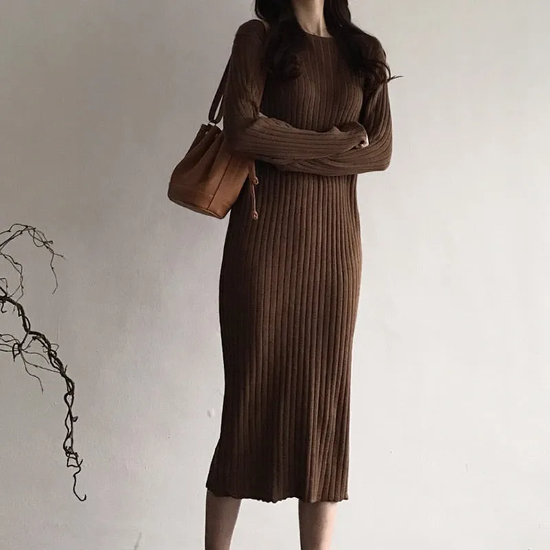 Women Knitted Long Dress Elegant Ladies O neck