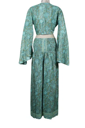 Women Palazzo Pant with Bell Sleeve Tie Top, Sea Blue Print Butter Silk 2 Piece Outfit S/M